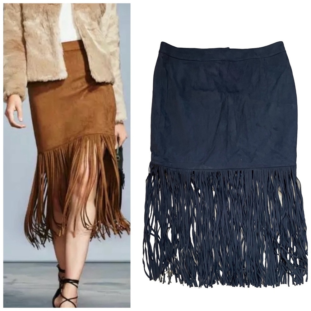 Grace Elements Dark Brown Faux Suede Fringe Mini Midi Skirt Size XL NWT